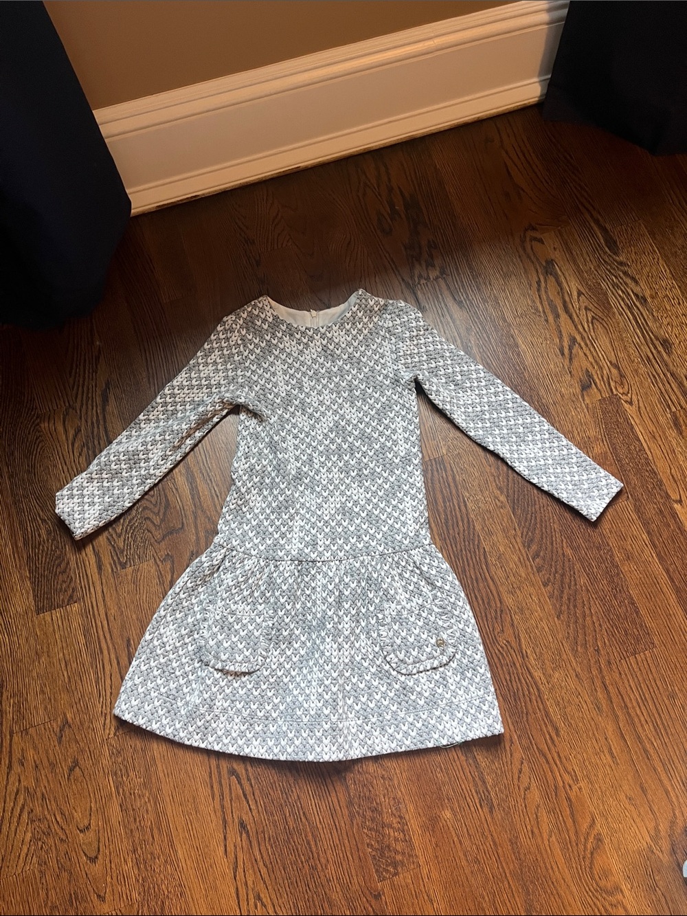 Lili Gaufrette Girls Gray Knit Long-Sleeve Pocket Dress